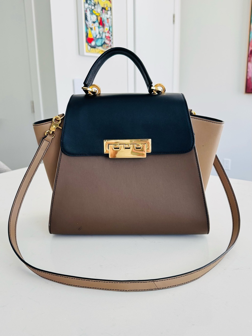 ZAC Zac Posen Two-Tone Black and Taupe Structured Satchel